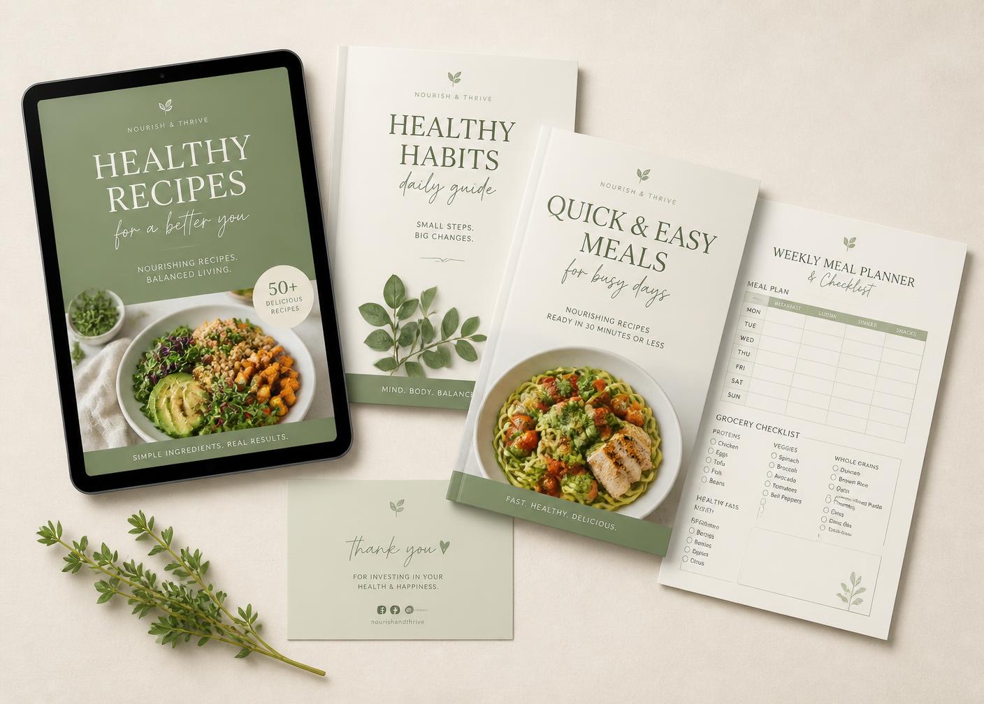 The complete guide bundle: recipe ebook on a tablet, printed guides, weekly meal planner and grocery checklist