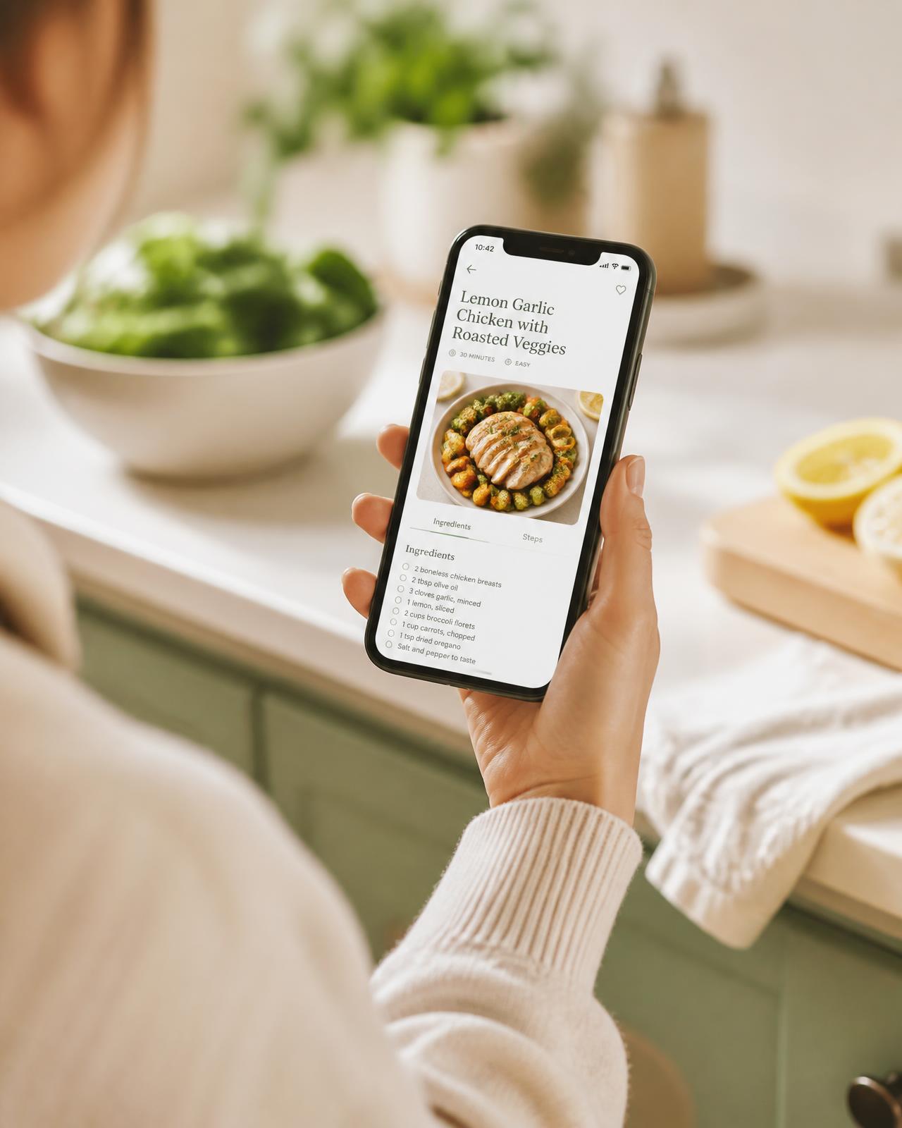 Person holding a phone and reviewing an easy home recipe on the screen